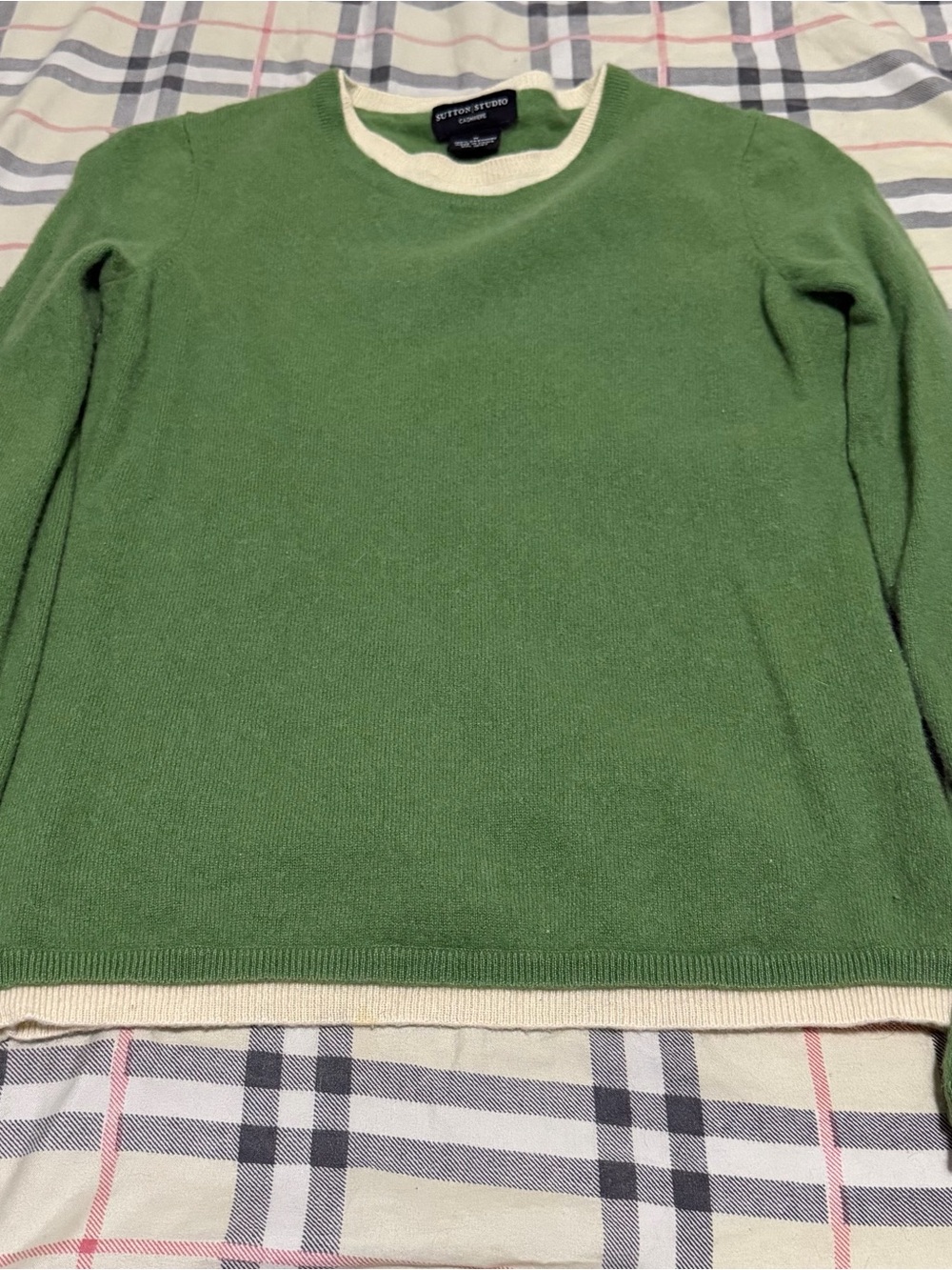 Sutton Studio Forest Green Crewneck Sweater with Cream Trim